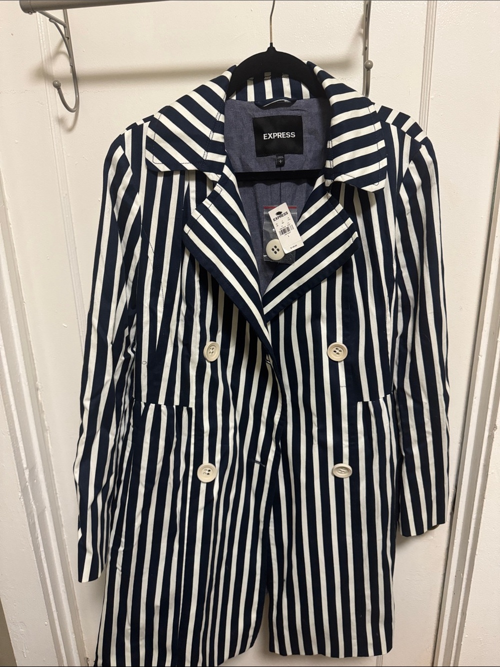Express Navy and White Striped Double-Breasted Trench Coat